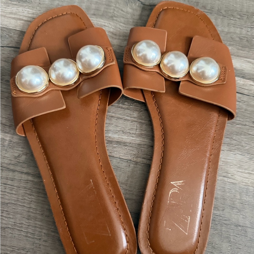 Zara Stylish Brown Pearl-Accent Slide Sandals